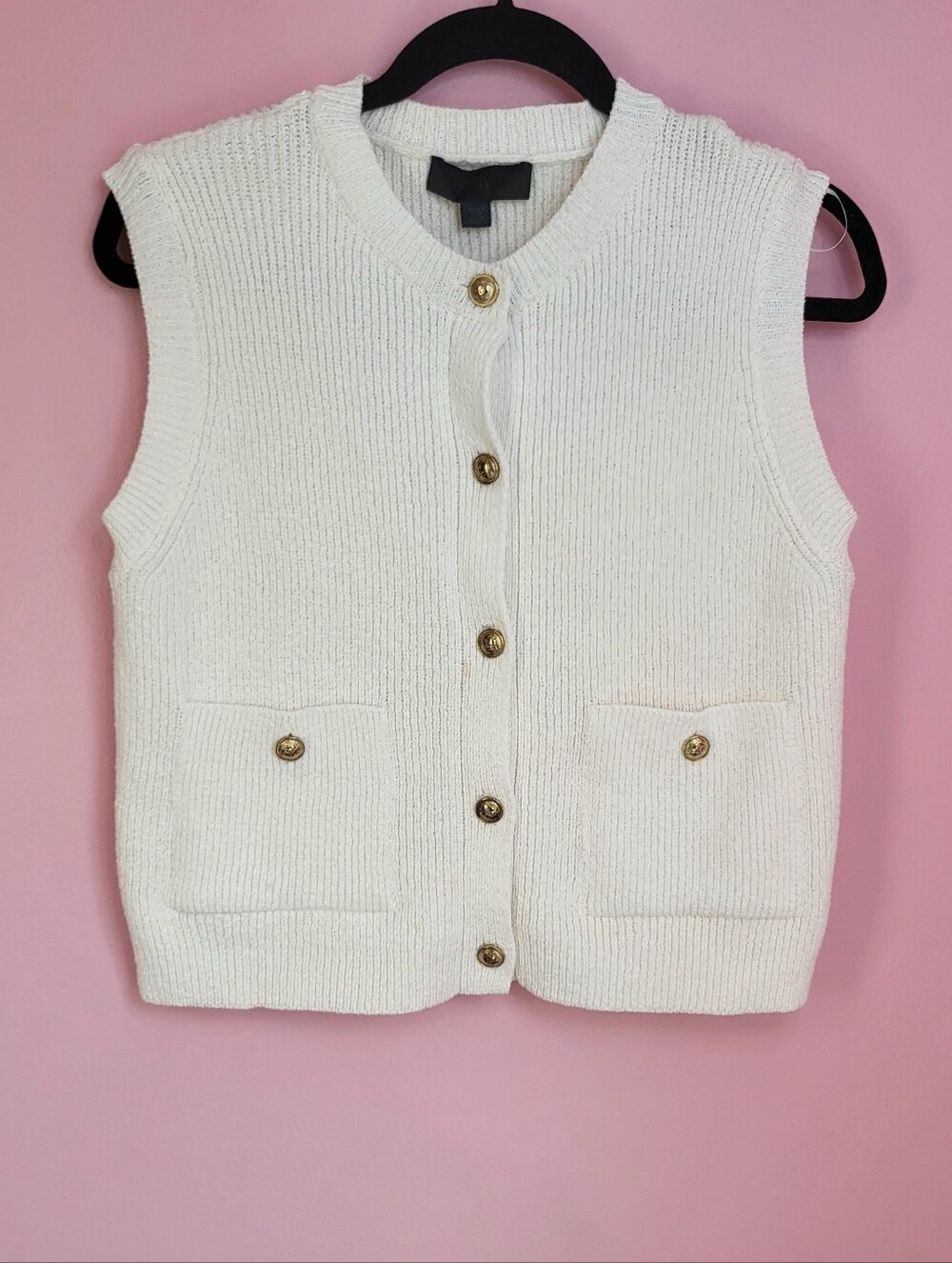 Ivory Knit Sweater Vest with Gold Crest Buttons Medium Quiet Luxury Old Money